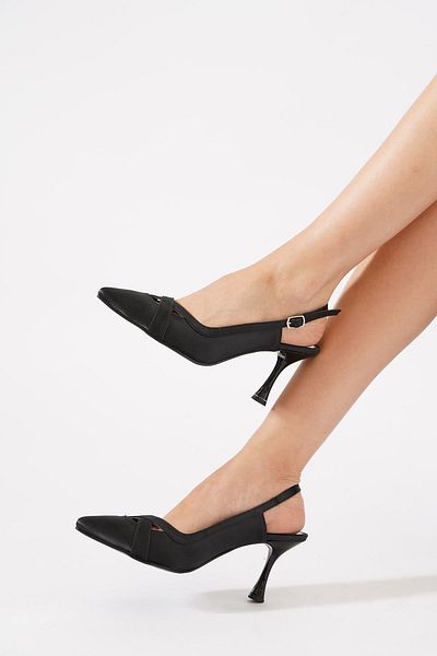 Moda Pie Kaler Back Open Cross Women's Heeled Shoes Black Satin