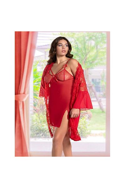 Findit Red Sheer Lace Embroidered Tulle Slit 2-Piece Nightgown Set