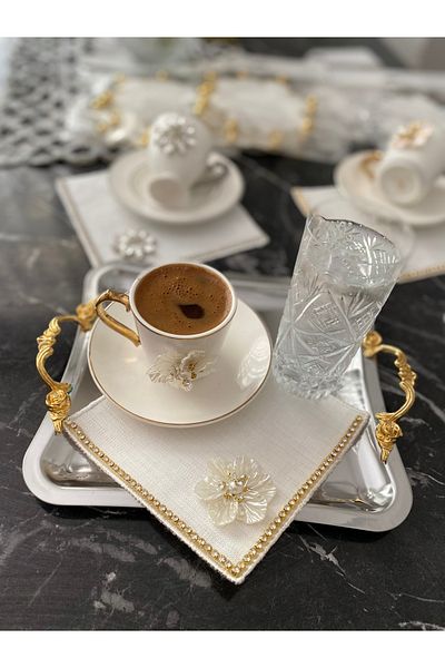 BÜŞRA Coffee Presentation Set 3 Pcs Set 1 Tray 1 Cup 1 Napkin