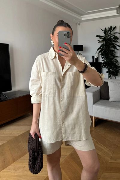 Tuba Butik Linen Blend Shirt Shorts Women's Set