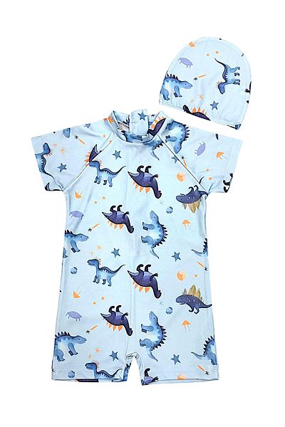 Lolliboomkids Boy's Light Blue Color Dinosaur Print Pattern Short Sleeve Swimsuit and Swimming Cap Set