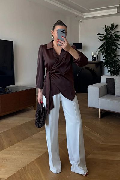 Tuba Butik Double Breasted Tie Satin Blouse
