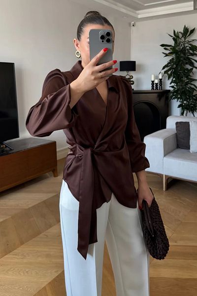 Tuba Butik Double Breasted Tie Satin Blouse
