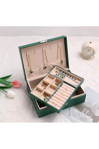 İsdeksan Multi-Purpose Jewelry Box, Green Color, Double Layer, Leather, Keyed Jewelry Organizer
