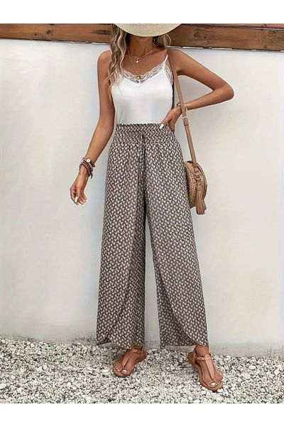 rengamoda Women's High Waist Elastic Patterned Wrinkle Fabric Trousers