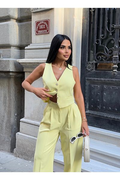 LB Laluna Butik Women's Yellow Linen Suit Vest and Palazzo Pants