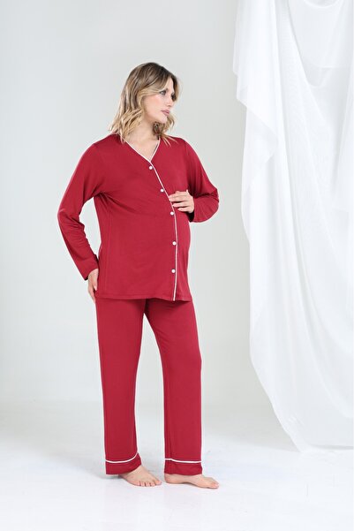 şuranur Bamboo Maternity and Maternity Dressing Gown Nightgown Ribbed Suit Long Sleeve Buttoned