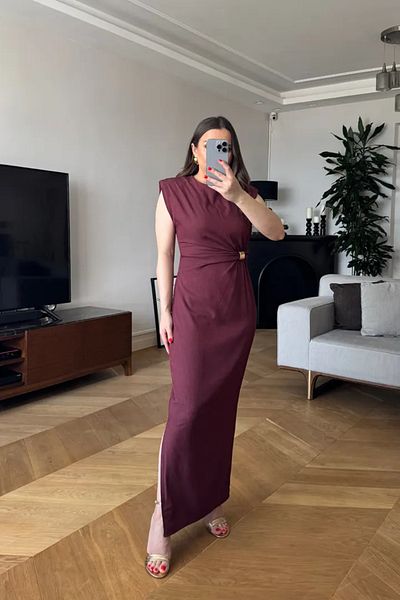 Tuba Butik Drapeli Accessory Detailed Long Dress