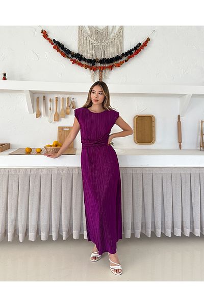 MODAMİNEM Women's Plum Pleated Tie Detail Dress