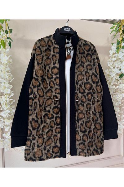 rengamoda Jachetă cu fermoar din țesătură țesătă cu șireturi pentru femei, garnită cu leopard