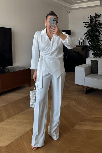 Tuba Butik Double Breasted Tie Satin Blouse