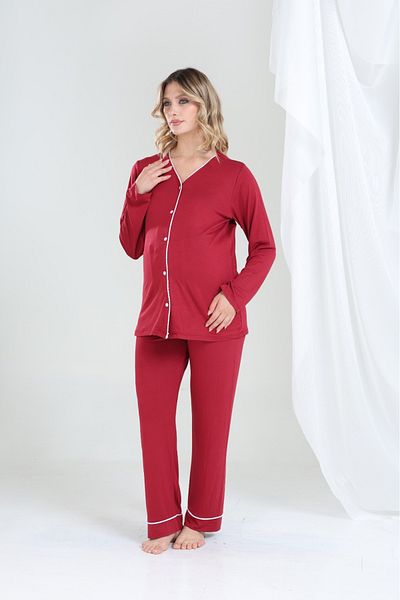 şuranur Bamboo Maternity and Maternity Dressing Gown Nightgown Ribbed Suit Long Sleeve Buttoned
