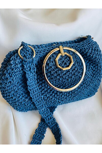 ESDE Mavi Şık Tasarım Kulp Detaylı El Örgüsü Hasır Çanta
