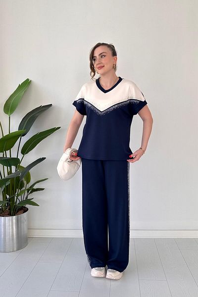 MaziButik V Glitter Modal Suit Navy Blue