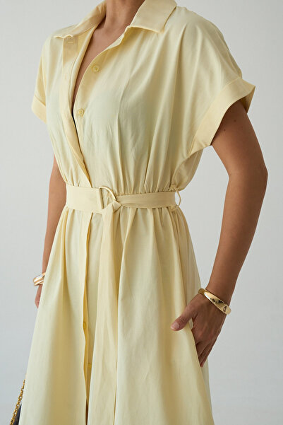 LOOSH Kadın Sarı Gömlek Yaka Kemerli Kısa Kol Poplin Elbise