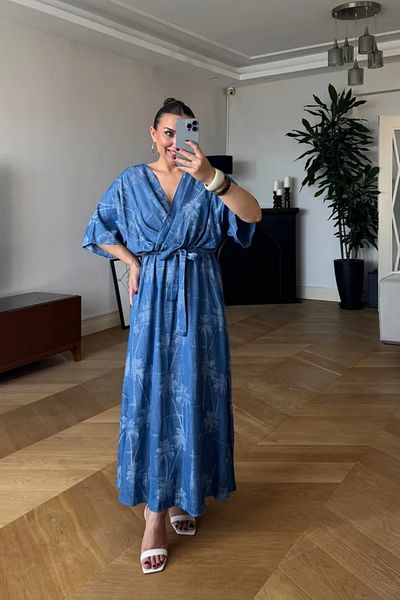 Tuba Butik Double Breasted Collar Patterned Belted Long Dress