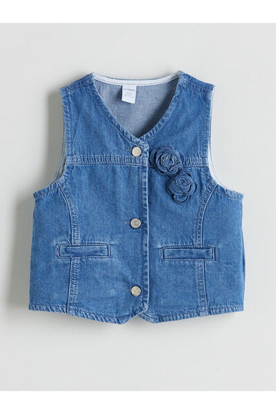 LC Waikiki Nevavm Girl's Jean Jacket with Floral Appliqué