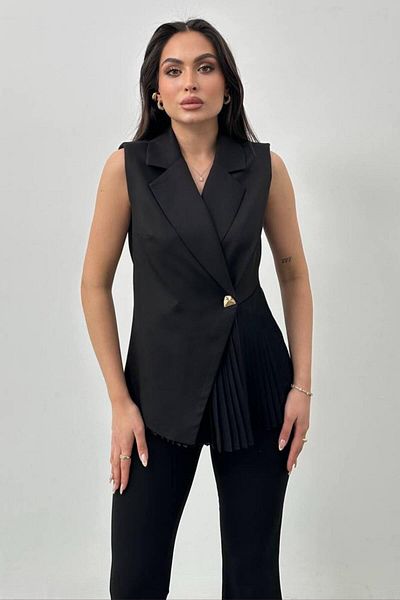 ZISHAN Pleated Detail Asymmetrical Neckline Sleeveless Jacket Blouse - Black/White Stylish Women's Blouse 033Y