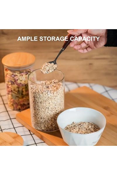 CİHO Set of 3 Glass Bamboo Lid Tea Sugar Coffee Salt Storage Jar Kitchen Storage Jar 750 ml