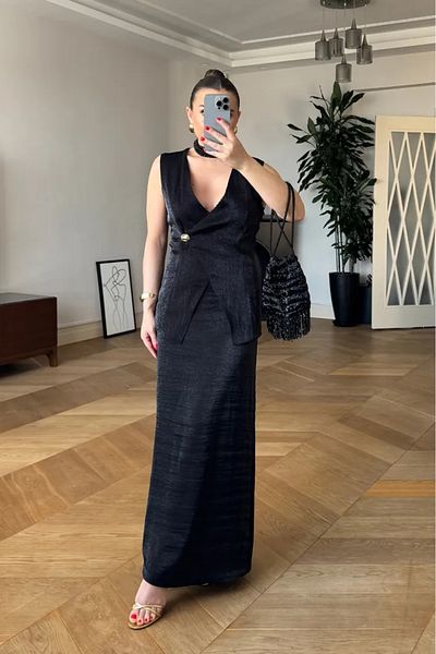 Tuba Butik Double Breasted Vest Skirt Women's Set