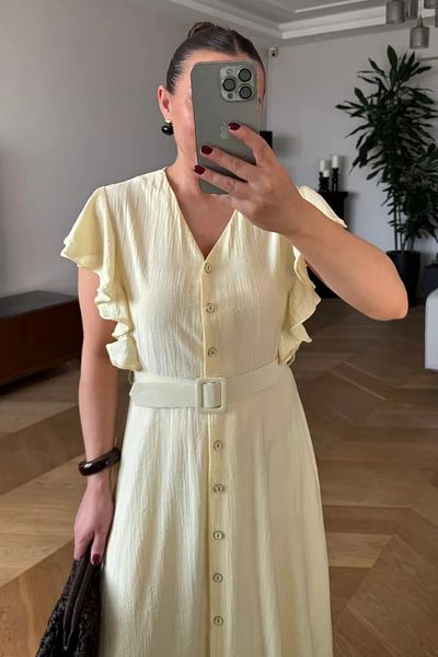 Tuba Butik V Neck Flounce Midi Shirt Dress