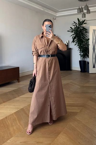 Tuba Butik Striped Belted Long Shirt Dress