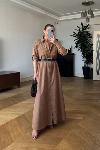 Tuba Butik Striped Belted Long Shirt Dress