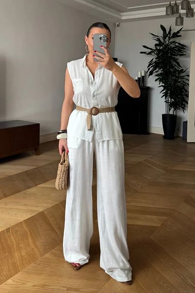 Tuba Butik Judge Collar Blouse Pants Linen Women's Set