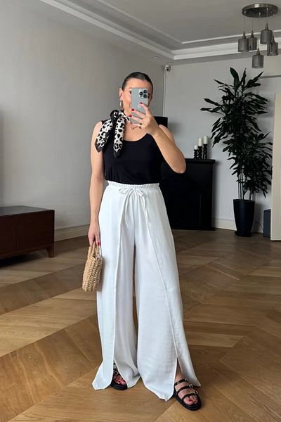 Tuba Butik Women's Trousers with Elastic Waist and Slit Detail