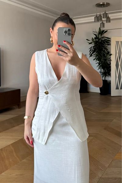 Tuba Butik Double Breasted Vest Skirt Women's Set