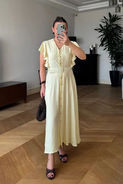 Tuba Butik V Neck Flounce Midi Shirt Dress