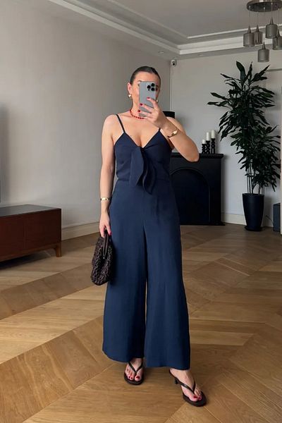 Tuba Butik Women's Jumpsuit with Bow Detail and Straps