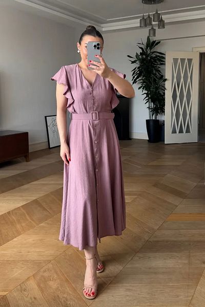 Tuba Butik V Neck Flounce Midi Shirt Dress