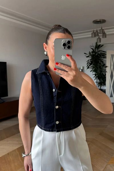 Tuba Butik سترة نسائية قصيرة من الدنيم
