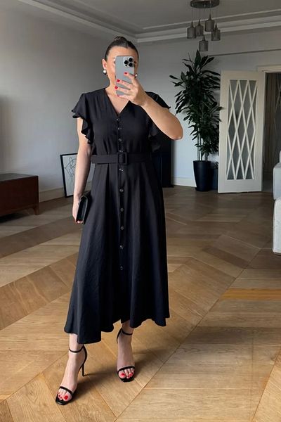Tuba Butik V Neck Flounce Midi Shirt Dress