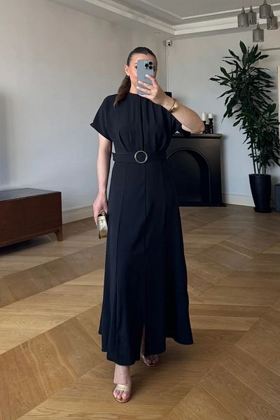 Tuba Butik Bat Sleeve Belted Long Dress