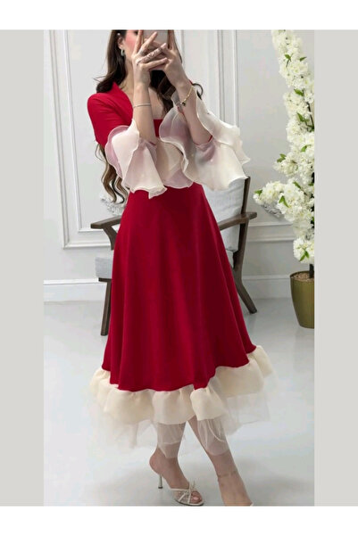 Nice Model Burgundy Midi Evening Dress White Ruffle Sleeves - Elegant Party Formal Cocktail Occasion