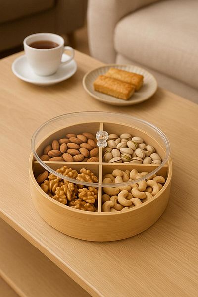 ENYAZA(2024) Bamboo 4 Compartment Breakfast & Snack Bowl with Acrylic Lid 24 cm