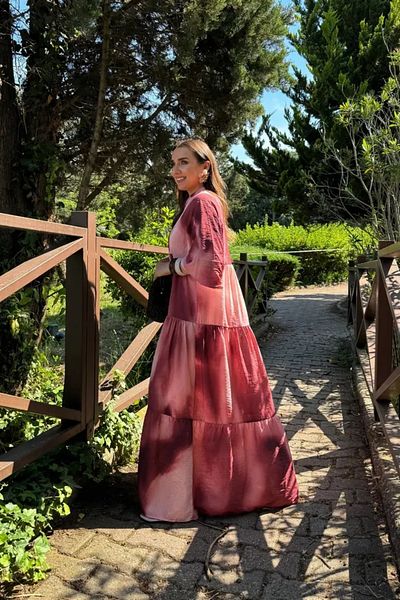 Tuba Butik Judge Collar Balloon Sleeve Patterned Long Dress