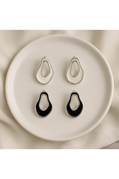monalisatoka Kadın Gümüş Asimetrik Şekil Siyah/Beyaz Mineli Küpe 2 Adet