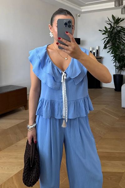Tuba Butik Flounced Blouse Pants Women's Set