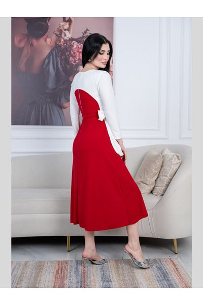 Nice Model Red White Midi Evening Dress Long Sleeve Elegant Formal Party Wear Women Crepe Embroidered Gown