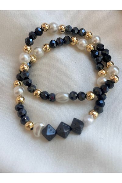 COCOSH TAKI Crystal Gray Stone Pearl and Gold Detailed Multi-Combination Bracelet