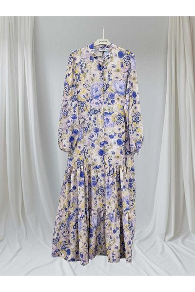 Puane Women's Lilac Purple Yellow Floral Patterned Buttoned Floor Detailed Lined Dress 12637