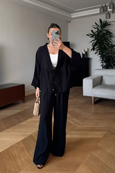 Tuba Butik Tie Detailed Kimono Pants Women's Set