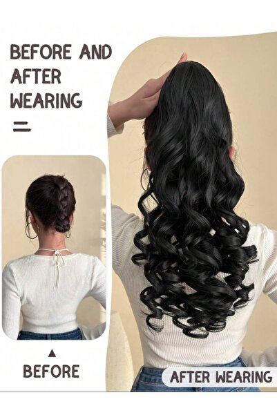 AKOLİFE Siyah Lüleli Orta Boy Tokalı Pratik At Kuyruğu Postiş Takma Saç - Pra...