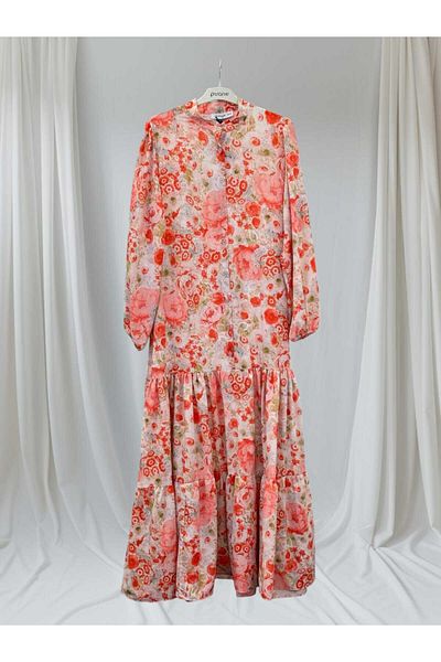 Puane Women's Floral Patterned Buttoned Floor Detailed Lined Dress 12637