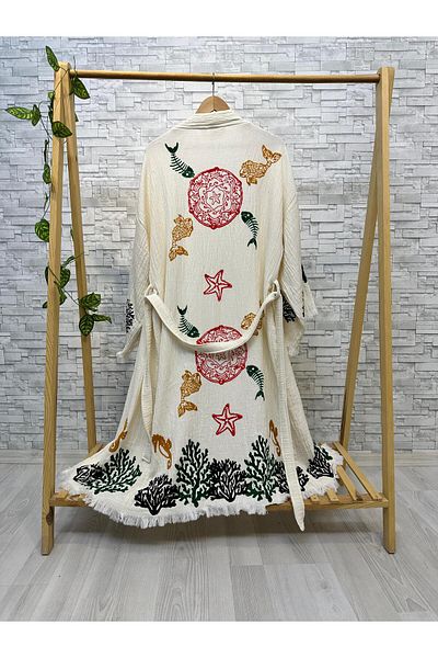 Befera Design Muslin Kimono 100% Cotton Fish Printed Patterned Bathrobe Kaftan Dressing Gown