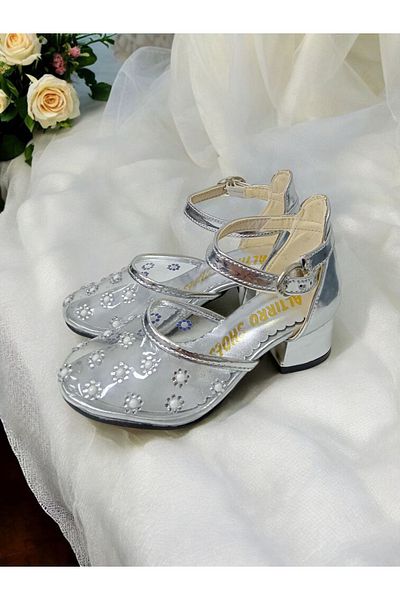 pediashoes Girl's Transparent Silver Color Little Heels Evening Shoes