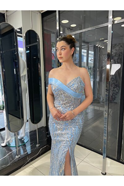 fevzuss Boat Neck Glitter Long Evening Dress